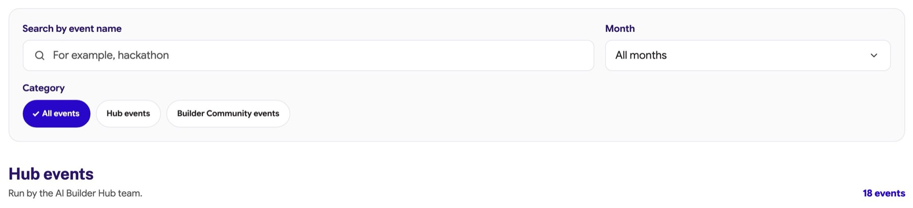 Event filters: search, month, and Hub or Builder Community category