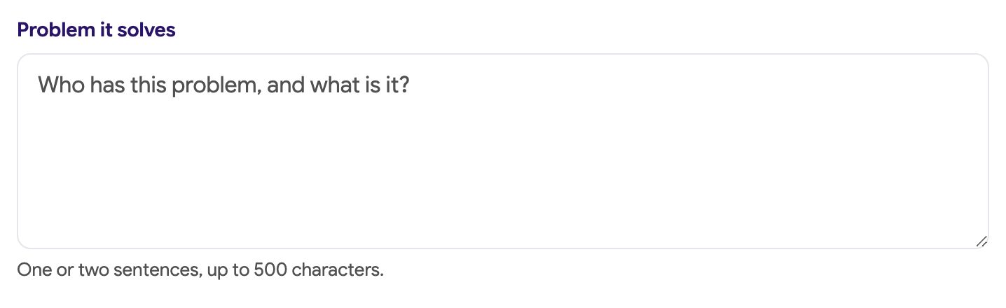 Problem it solves field with a prompt placeholder
