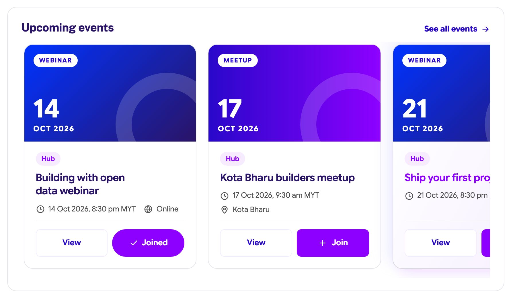 Upcoming events on the profile with View and Joined or Join buttons