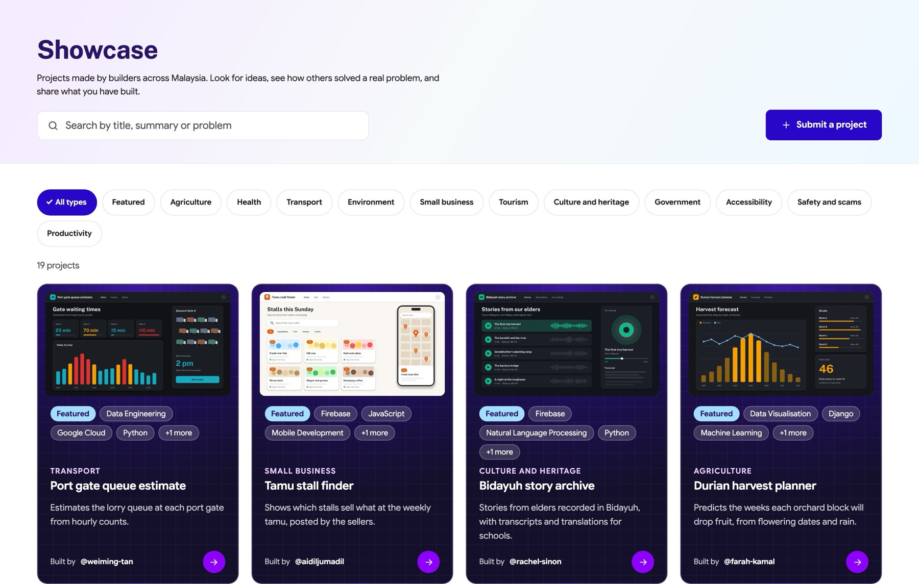 Showcase with search, type chips and featured project cards on a dark ground