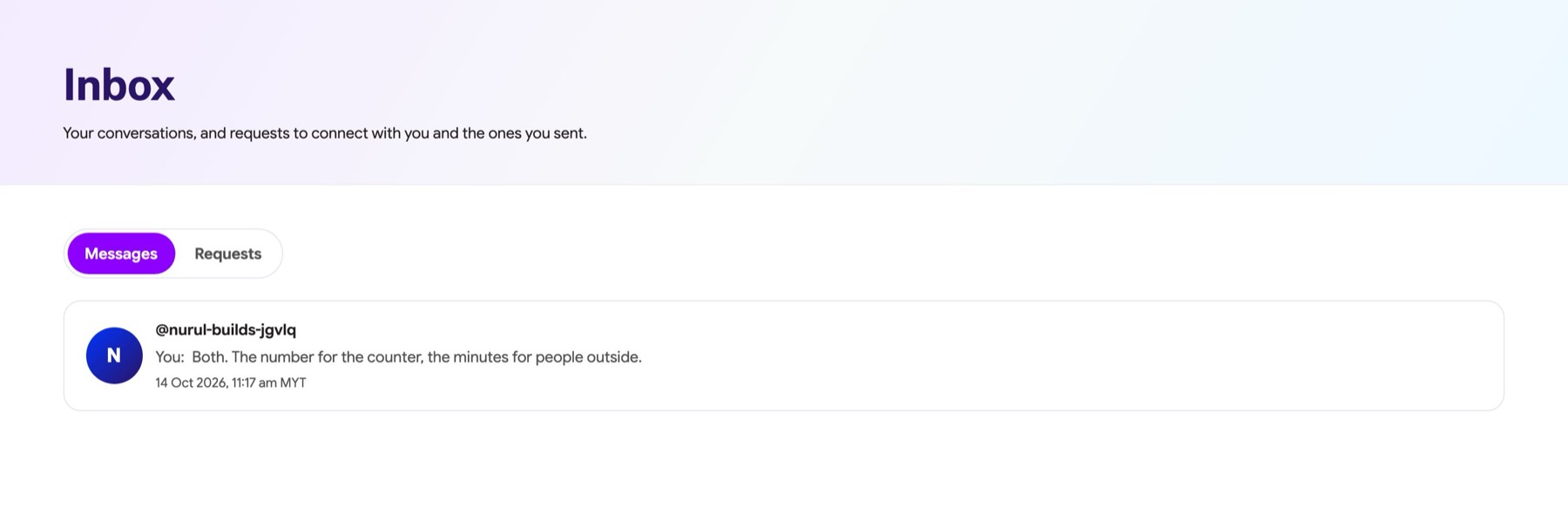 Inbox Messages tab listing a conversation