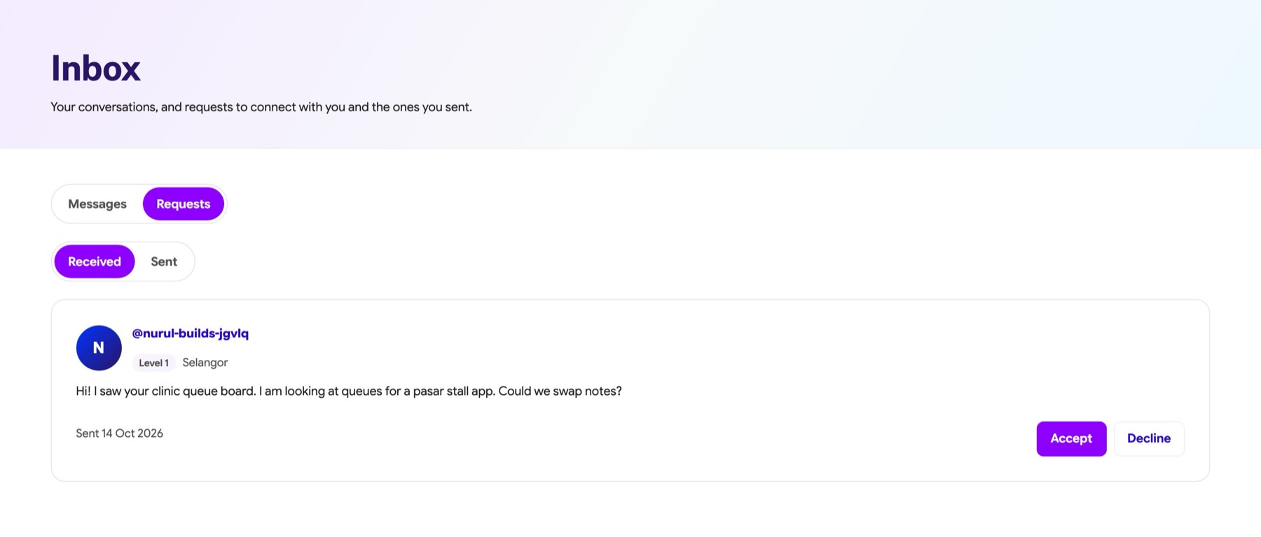 Inbox Requests tab with Accept and Decline