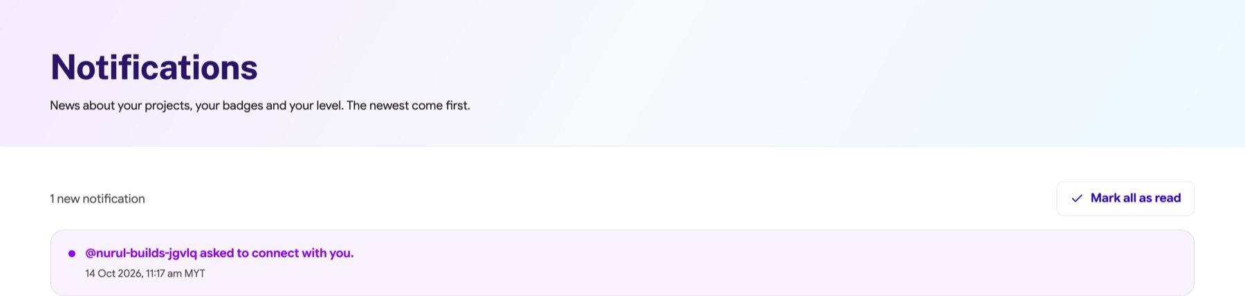 Notifications page with a new connection request