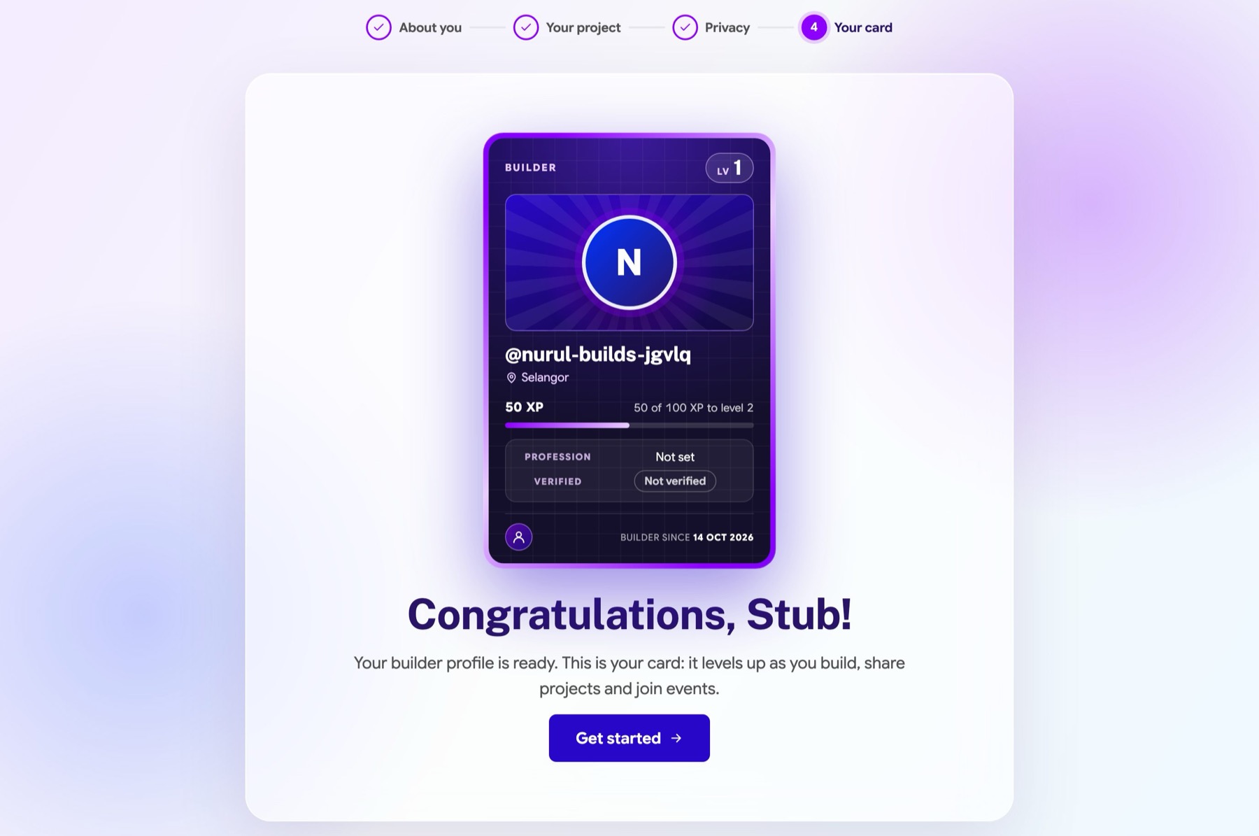 Congratulations screen with the new builder's trading card
