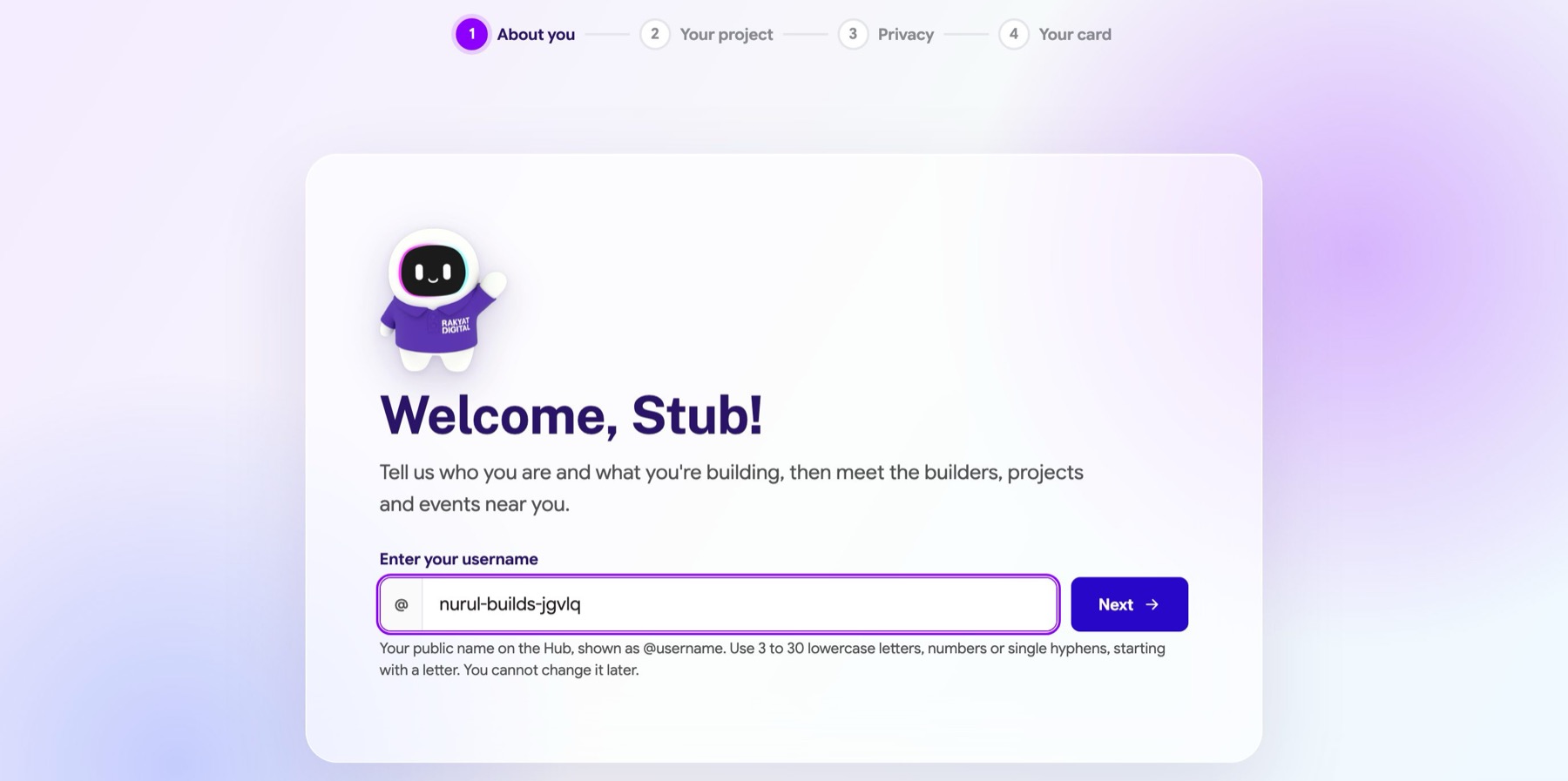 Onboarding welcome with aRDi, the stepper and the username field