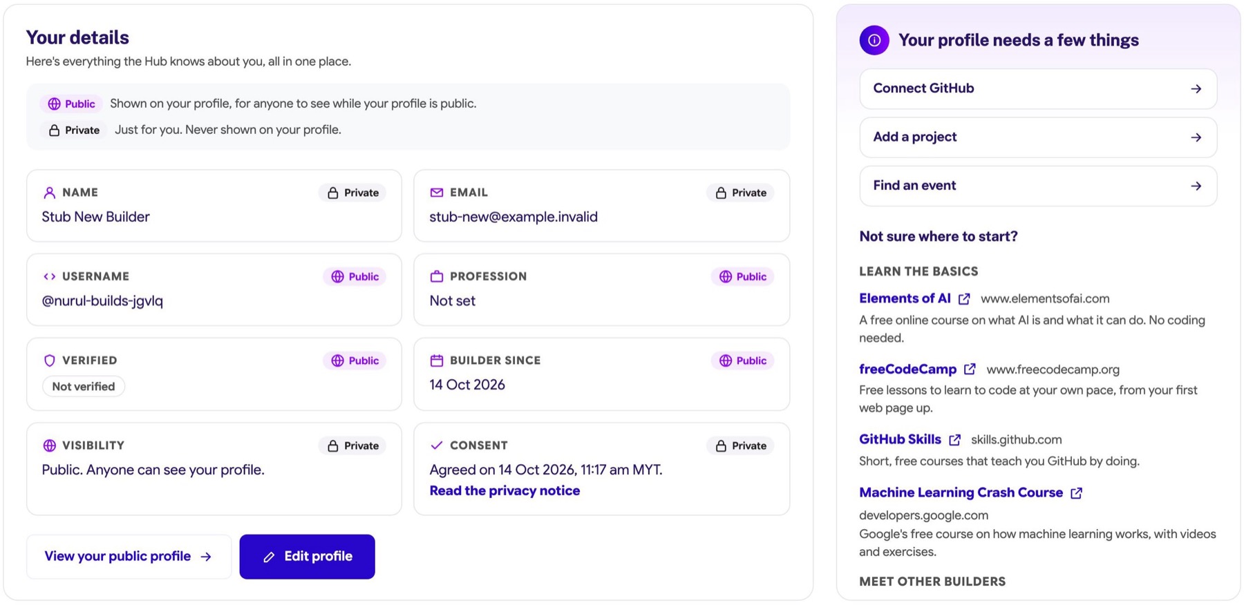 Your details as a card per fact, each tagged Public or Private, beside the profile to-do card