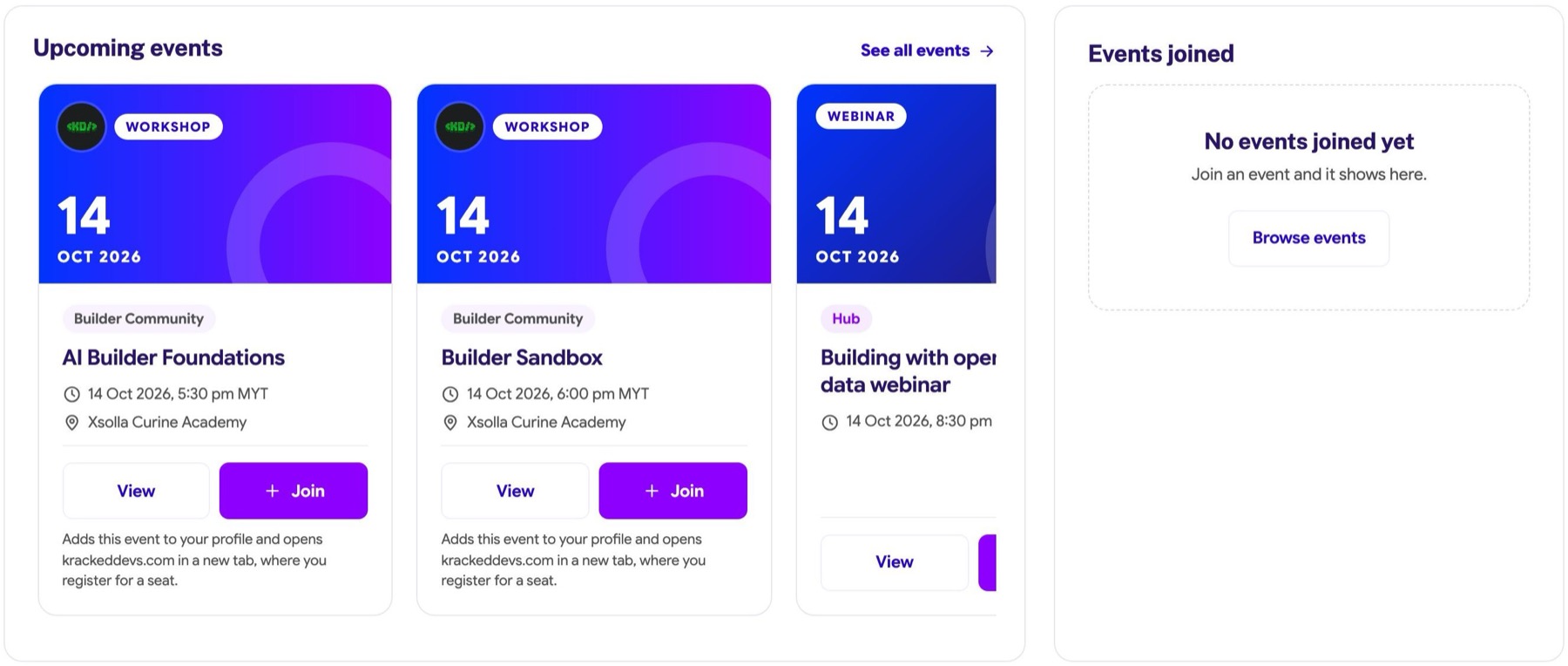 Upcoming events beside an Events joined card of the same height