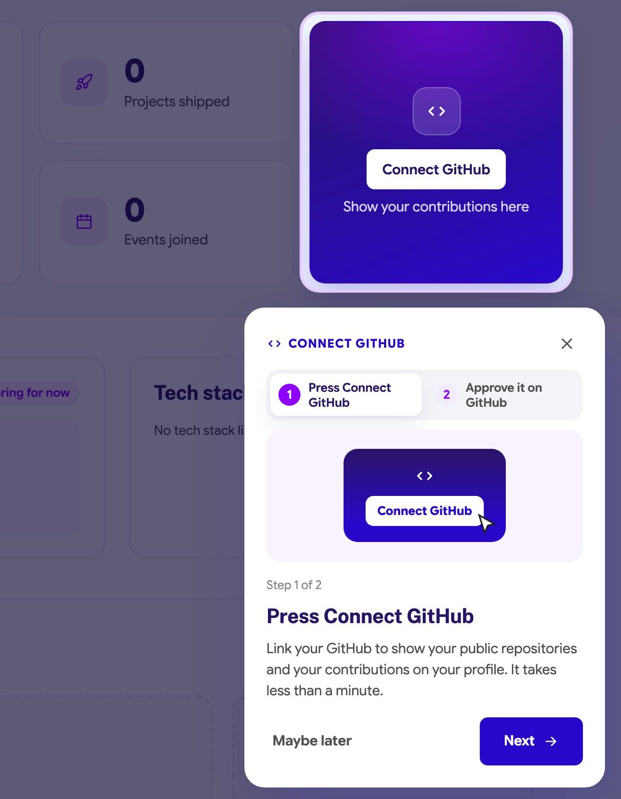 A two-step guide pointing at the Connect GitHub tile